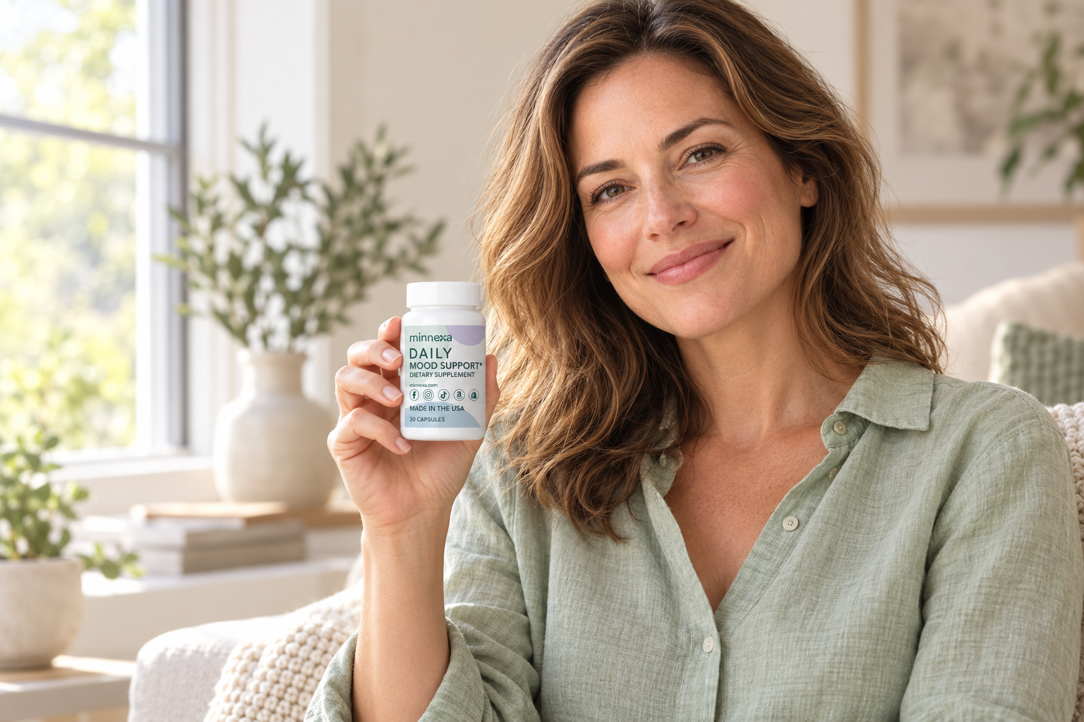 Illustrative lifestyle portrait of an adult holding a Minnexa Daily Mood Support bottle