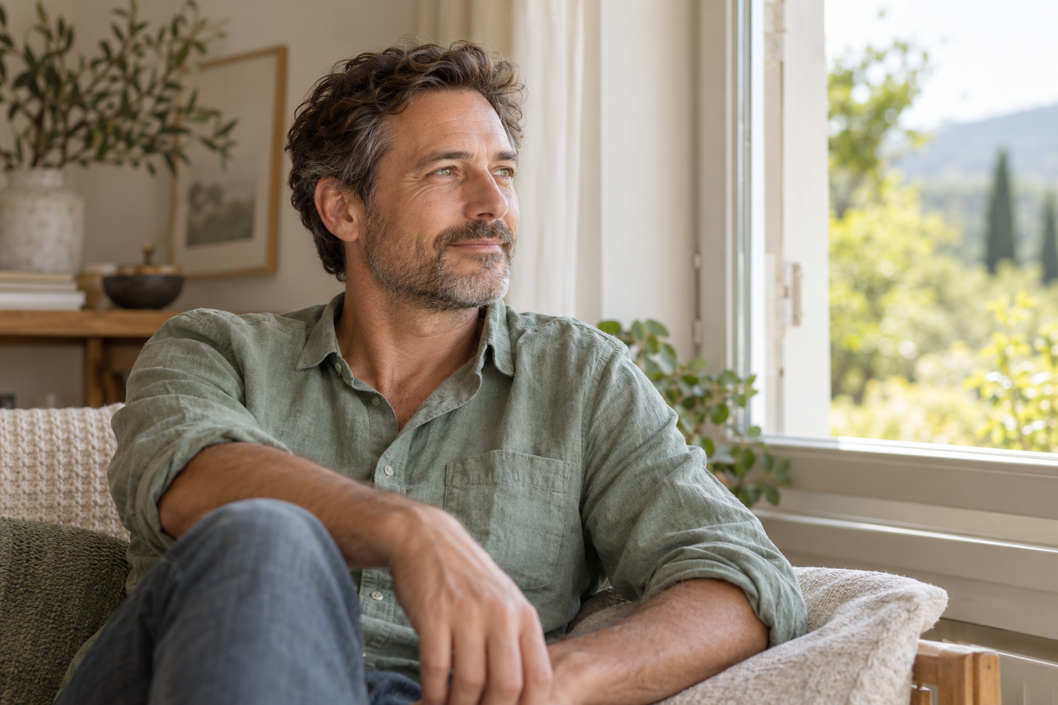 Illustrative portrait of a relaxed adult man sitting by a window